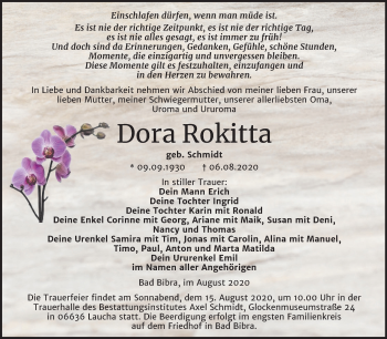 Traueranzeige von Dora Rokitta von Mitteldeutsche Zeitung Naumburg/Nebra