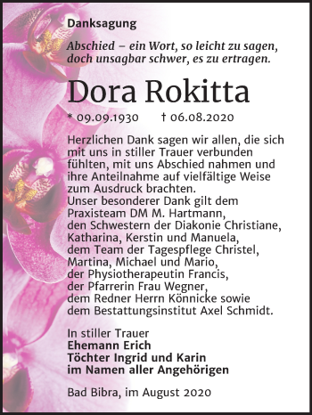 Traueranzeige von Dora Rokitta von Wochenspiegel Naumburg/Nebra