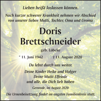 Traueranzeige von Doris Brettschneider von Mitteldeutsche Zeitung Quedlinburg