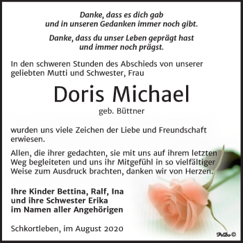 Traueranzeige von Doris Michael von Wochenspiegel Weißenfels