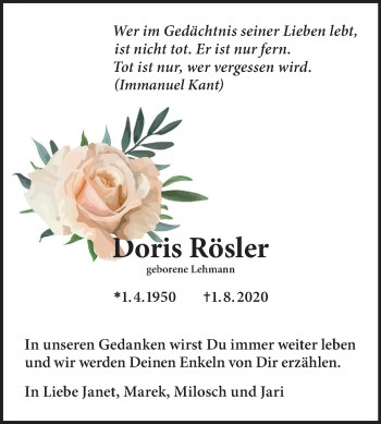 Traueranzeige von Doris Rösler von Super Sonntag Wittenberg