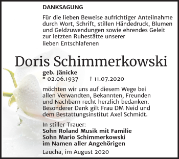 Traueranzeige von Doris Schimmerkowski von Wochenspiegel Naumburg/Nebra