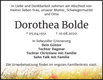 Traueranzeige von Dorothea Bolde von Super Sonntag Wittenberg