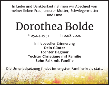 Traueranzeige von Dorothea Bolde von Mitteldeutsche Zeitung Wittenberg