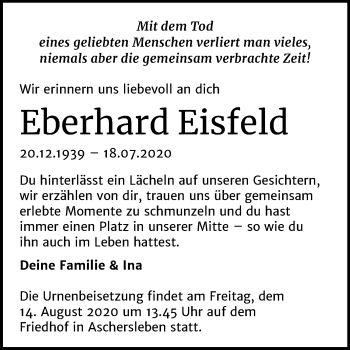 Traueranzeige von Eberhard Eisfeld von Mitteldeutsche Zeitung Aschersleben