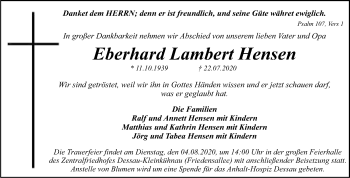 Traueranzeige von Eberhard Lambert Hensen von Super Sonntag Dessau-Roßlau