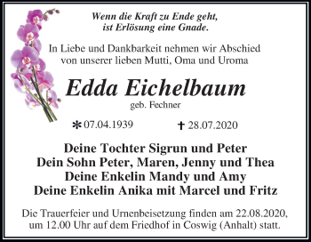 Traueranzeige von Edda Eichelbaum von Super Sonntag Wittenberg