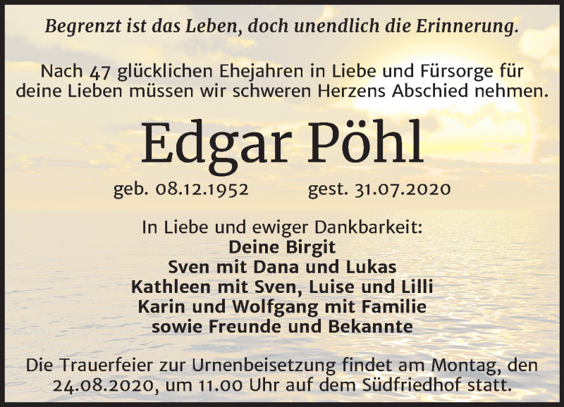  Traueranzeige für Edgar Pöhl vom 08.08.2020 aus Mitteldeutsche Zeitung Halle/Saalkreis