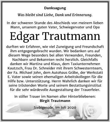 Traueranzeige von Edgar Trautmann von Super Sonntag Mansfelder Land