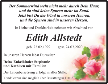 Traueranzeige von Edith Allstedt von Mitteldeutsche Zeitung Quedlinburg
