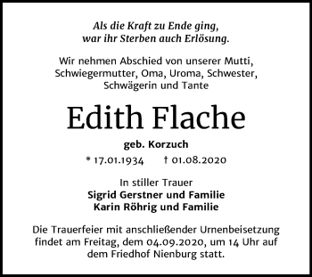 Traueranzeige von Edith Flache von Mitteldeutsche Zeitung Bernburg