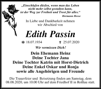 Traueranzeige von Edith Passin von Mitteldeutsche Zeitung Dessau-Roßlau