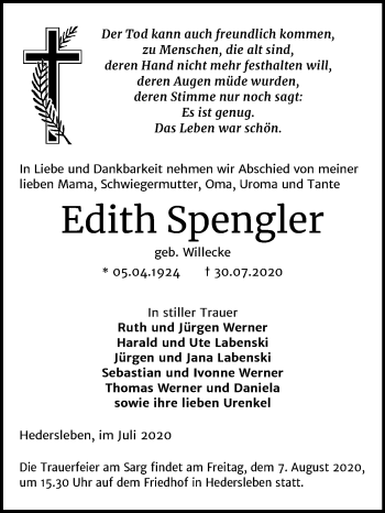 Traueranzeige von Edith Spengler von Mitteldeutsche Zeitung Quedlinburg