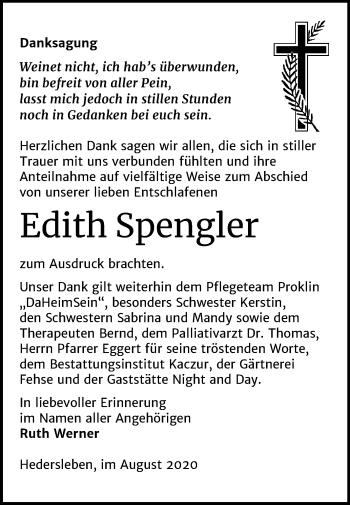 Traueranzeige von Edith Spengler von Super Sonntag Quedlinburg