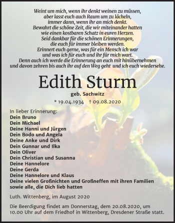 Traueranzeige von Edith Sturm von Mitteldeutsche Zeitung Wittenberg