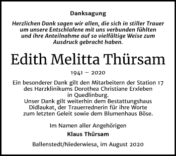 Traueranzeige von Edith Melitta Thürsam von Mitteldeutsche Zeitung Quedlinburg