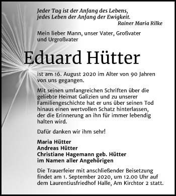 Traueranzeige von Eduard Hütter von Mitteldeutsche Zeitung Halle/Saalkreis