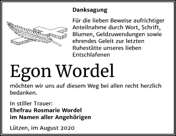 Traueranzeige von Egon Wordel von Mitteldeutsche Zeitung Weißenfels