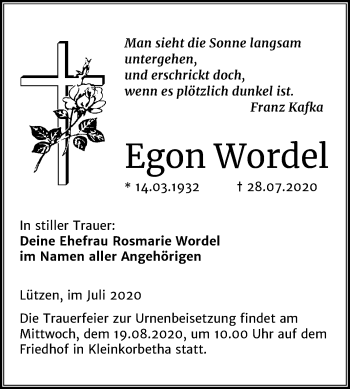 Traueranzeige von Egon Wordel von Mitteldeutsche Zeitung Weißenfels
