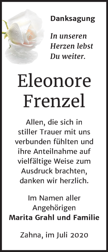 Traueranzeige von Eleonore Frenzel von Mitteldeutsche Zeitung Wittenberg