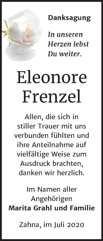 Traueranzeige von Eleonore Frenzel von Super Sonntag Wittenberg