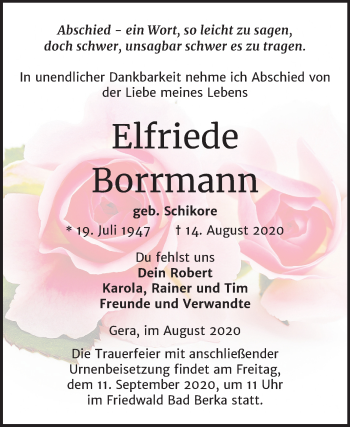 Traueranzeige von Elfriede Borrmann von Super Sonntag Zeitz