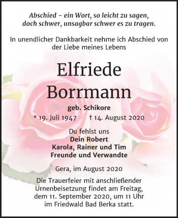 Traueranzeige von Elfriede Borrmann von Mitteldeutsche Zeitung Zeitz