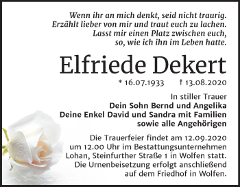 Traueranzeige von Elfriede Dekert von Wochenspiegel Bitterfeld