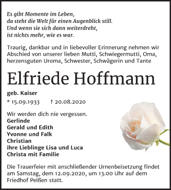Traueranzeige von Elfriede Hoffmann von Super Sonntag Bernburg