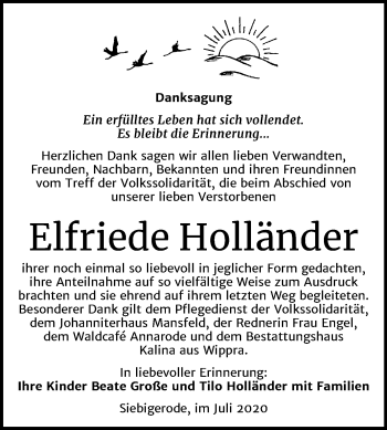 Traueranzeige von Elfriede Holländer von Wochenspiegel Mansfelder Land