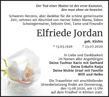 Traueranzeige von Elfriede Jordan von Super Sonntag Köthen