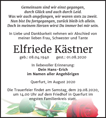 Traueranzeige von Elfriede Kästner von Mitteldeutsche Zeitung Merseburg/Querfurt