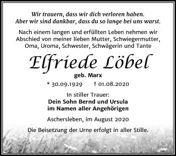 Traueranzeige von Elfriede Löbel von Mitteldeutsche Zeitung Aschersleben