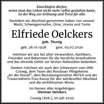 Traueranzeige von Elfriede Oelckers von Super Sonntag Wittenberg