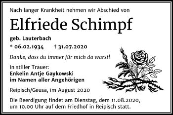 Traueranzeige von Elfriede Schimpf von Super Sonntag Merseburg/Querfurt