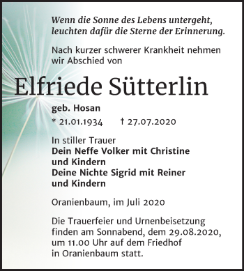 Traueranzeige von Elfriede Sütterlin von Mitteldeutsche Zeitung Wittenberg