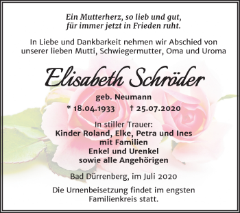 Traueranzeige von Elisabeth Schröder von Mitteldeutsche Zeitung Merseburg/Querfurt