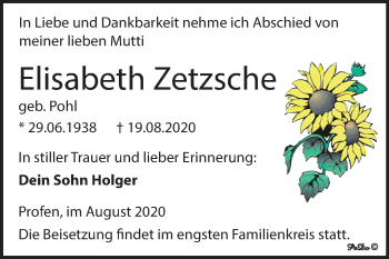 Traueranzeige von Elisabeth Zetzsche von Super Sonntag Zeitz