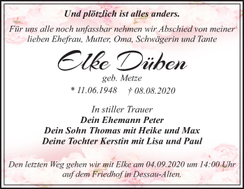 Traueranzeige von Elke Düben von Super Sonntag Dessau-Roßlau