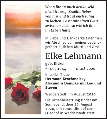 Traueranzeige von Elke Lehmann von Super Sonntag Quedlinburg
