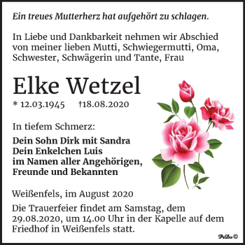 Traueranzeige von Elke Wetzel von Mitteldeutsche Zeitung Weißenfels