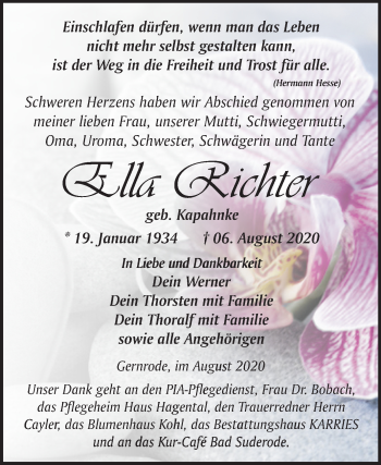 Traueranzeige von Ella Richter von Mitteldeutsche Zeitung Quedlinburg