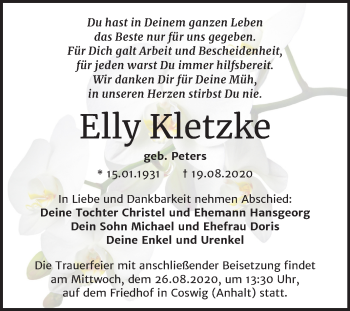 Traueranzeige von Elly Kletzke von Wochenspiegel Wittenberg
