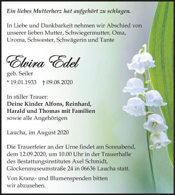 Traueranzeige von Elvira Edel von Wochenspiegel Naumburg/Nebra