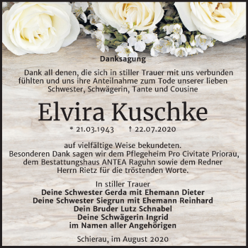 Traueranzeige von Elvira Kuschke von Wochenspiegel Bitterfeld