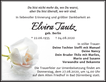 Traueranzeige von Elvira Tautz von Mitteldeutsche Zeitung Merseburg/Querfurt