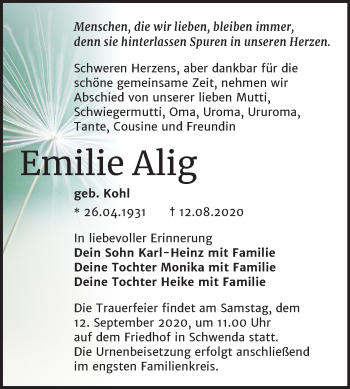Traueranzeige von Emilie Alig von Super Sonntag Sangerhausen