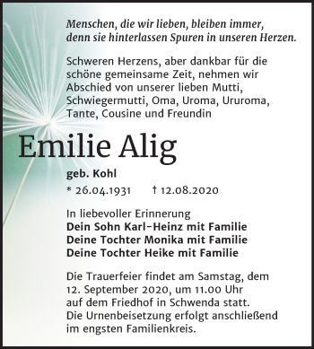 Traueranzeige von Emilie Alig von Mitteldeutsche Zeitung Sangerhausen