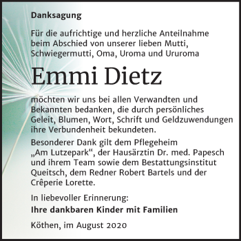 Traueranzeige von Emmi Ditz von Mitteldeutsche Zeitung Köthen