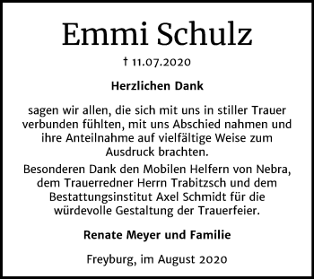 Traueranzeige von Emmi Schulz von Wochenspiegel Naumburg/Nebra